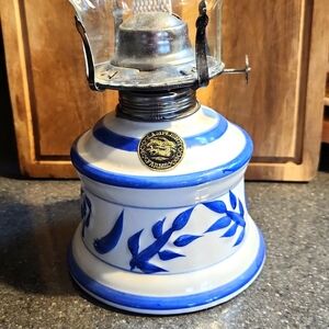 Vintage Lamplight blue ceramic oil lamp with wick and glass toper